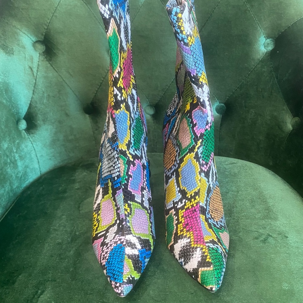 Multi color boots.  Heel 4.5 inches